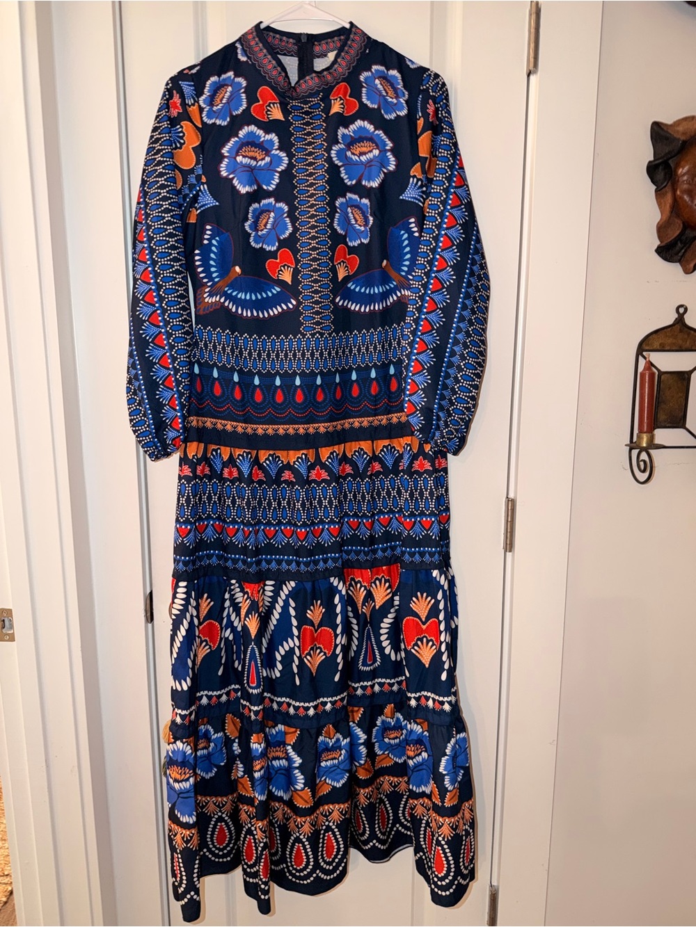 Sunday Women's Navy Blue Floral Maxi Dress with Red and Orange Accents